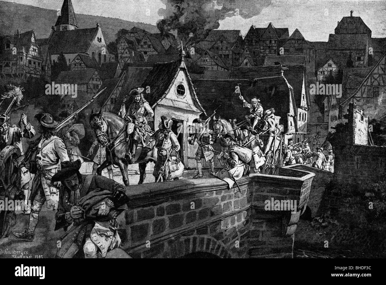 Ereignisse, Neunjähriger Krieg 1688 - 1697, Plünderung französischer Soldaten in der Pfalz 1688/1689, Zeichnung von Gromberger, 1903, General Ezechiel de Melac, maroding, Deutschland, Frankreich, 17. Jahrhundert, historisch, historisch, 1900er, 20. Jahrhundert, Menschen, Stockfoto