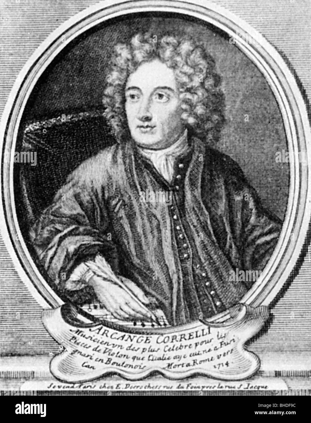 Corelli, Arcangelo, 17.2.1653 - 8.1.1713, italienischer Musiker (Komponist), halbe Länge, Gravur von Etienne Desrochres, Stockfoto