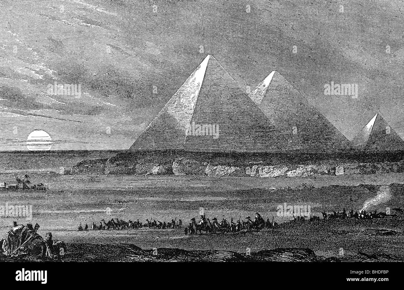 Alte Welt, Sieben Wunder, Gizeh, Pyramiden von Cheops, Khafre und Mykerinos, Holzgravur, 19. Jahrhundert, Stockfoto