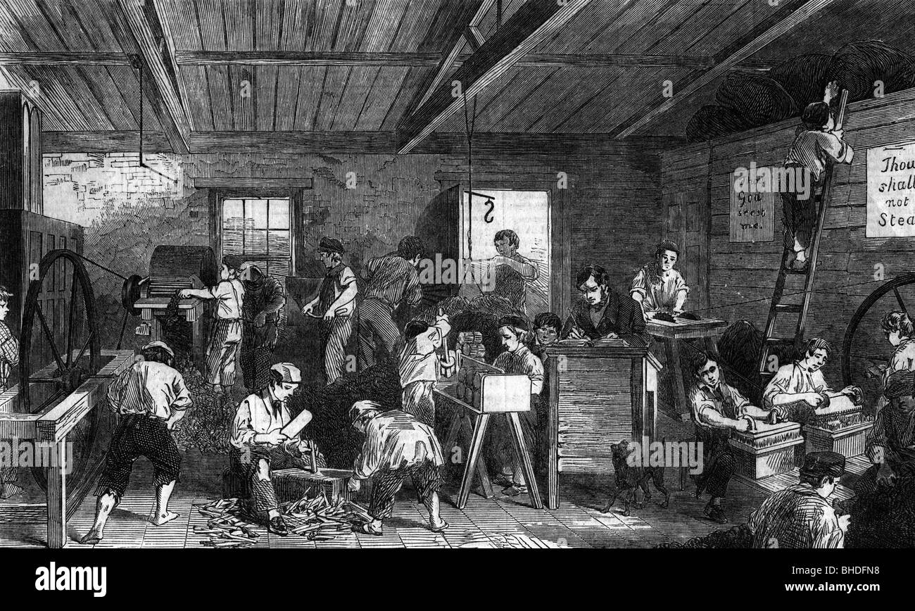 Menschen, Kinder, Kinderarbeit, Jungen, die Handwerkskunst in einer Zerklüfteten Schule erlernen, England, im Jahr 1853, Holzgravur, Stockfoto