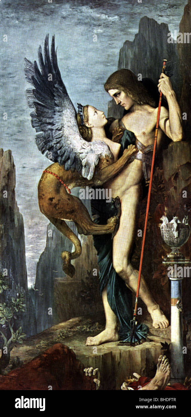 Ödipus, griechische legendäre Figur, volle Länge, "Ödipus und die Sphinx", Gemälde von Moreau, Stockfoto