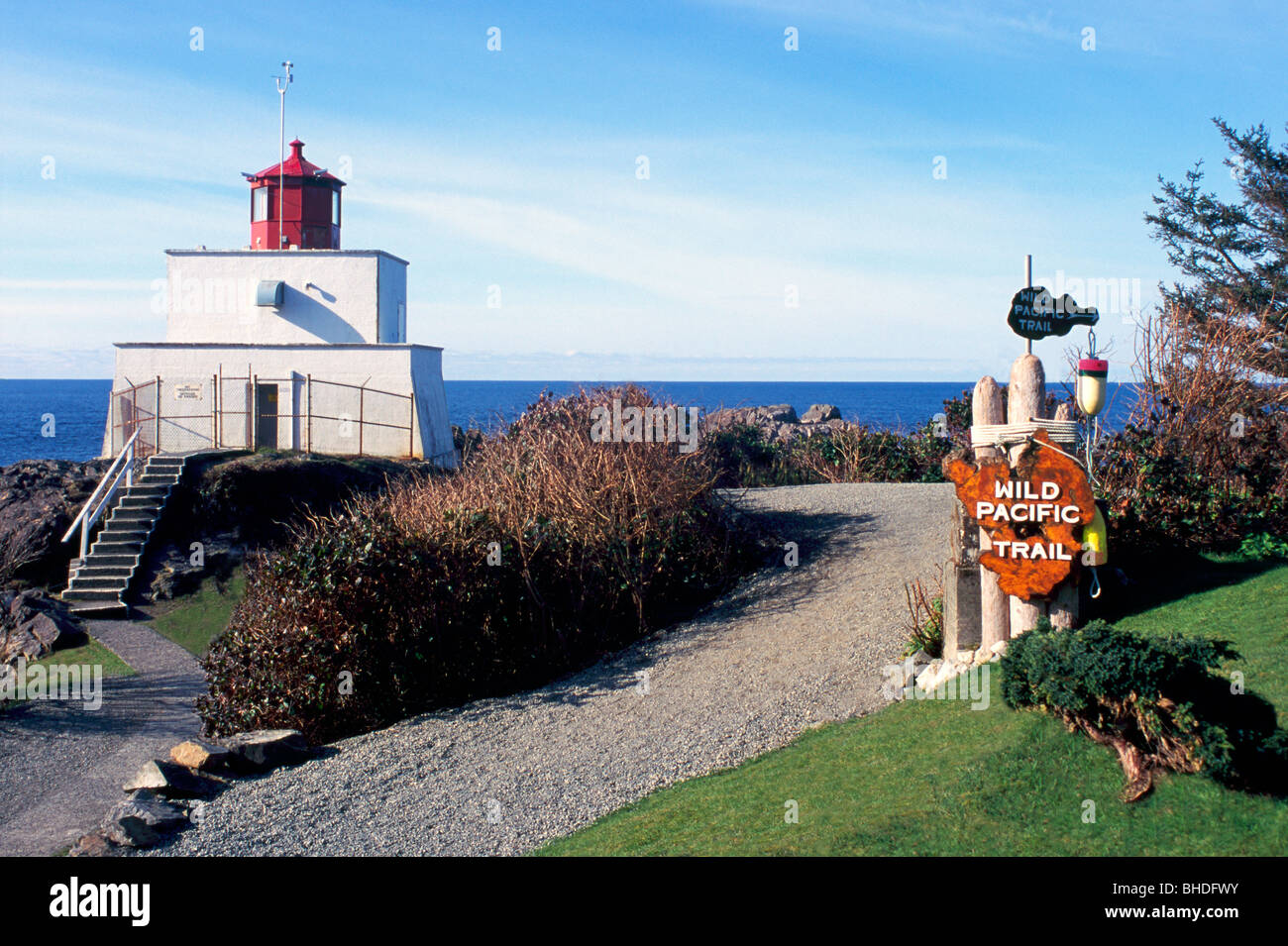 Amphitrite Point Lighthouse, Ucluelet, West Küste von Vancouver Island, BC, Britisch-Kolumbien, Kanada, Pazifischer Nordwesten Stockfoto