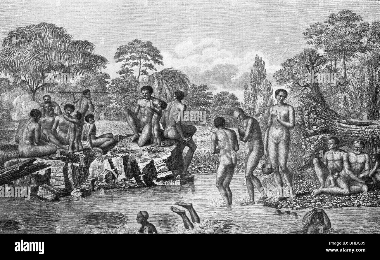 Geographie/Reisen, Australien, Aborigines, Tasmanien, Leben der Ureinwohner, nach Kupferstich, von "Atlas du Voyage de La Perouse", von 1797, Stockfoto