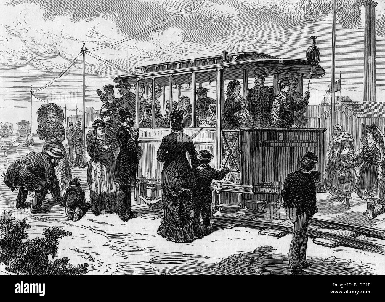 Verkehr/Verkehr, öffentliche Verkehrsmittel, Straßenbahn, Straßenbahn, Berlin-Lichterfelde, Holzgravur, 1881, Stockfoto