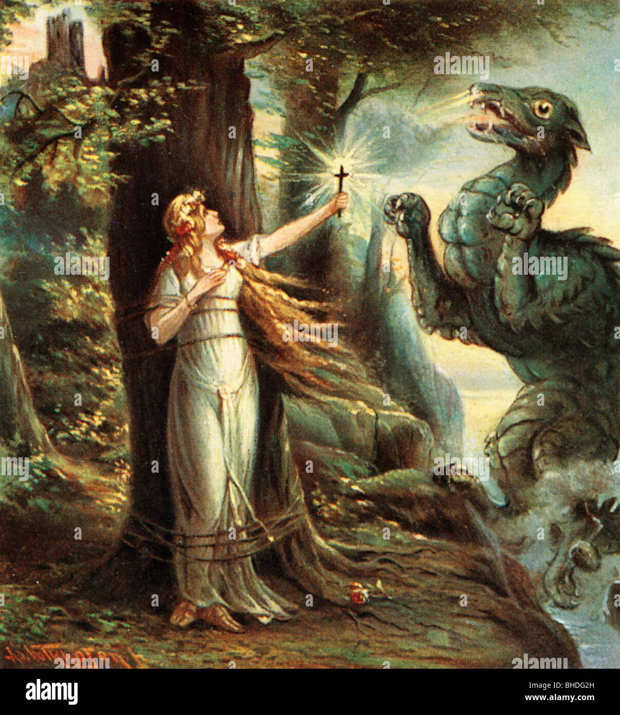 Literatur, Legenden/sagen, Saga vom Rheinfluss, Die Jungfrau des Drachenrocks, gedruckt nach dem Gemälde von Adolf Volkhoven Junior, Drache, Drachen, Wivern, Wyvern, historisch, historisch, Opfer, Menschenopfer, Mythen, Mythen, Mythen, Mythen, Christenheit, Frau, Kruzifix, Kreuz, Heilung durch Glauben, Glauben, Volkhofen, Legende, Fabelwesen, Fabelwesen, fabelhaftes Tier, fabelhaftes Wesen, fabelhaftes Wesen, fabelhafte Kreatur Fabelhaftes Wesen, mythologische Geschöpfe, Fabelwesen, fabelhafte Tiere, fabelhafte Geschöpfe, fabelhafte Wesen, Menschen, Frauen, Weibchen, Stockfoto