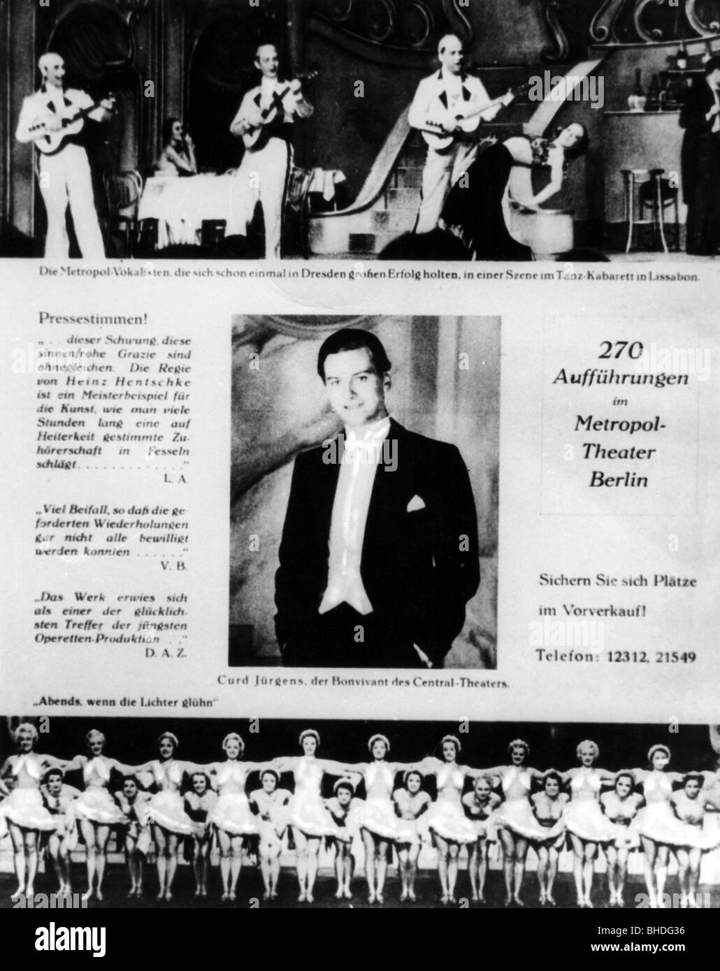 Juergens, Curd, 13.12.15 - 18.6.1982, deutscher Schauspieler, halbe Länge, auf einem Werbeplakat des Metropol-Theaters, Berlin, Deutschland, 1930er Jahre, Stockfoto