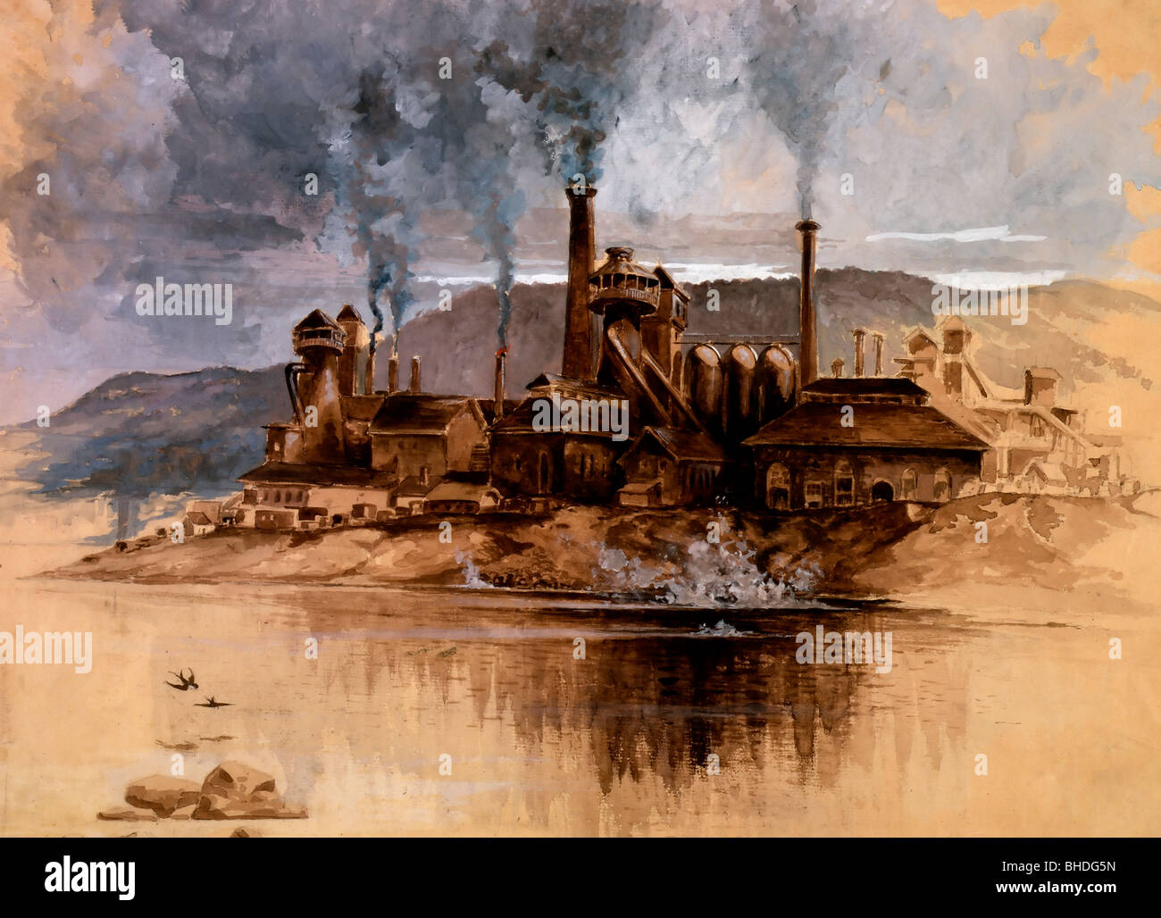 Bethlehem Steel Works - Bethlehem, Pennsylvania - Aquarell in Sepia braun, weiß und grau, auf dem Buff Papier. Mai 1881 Stockfoto