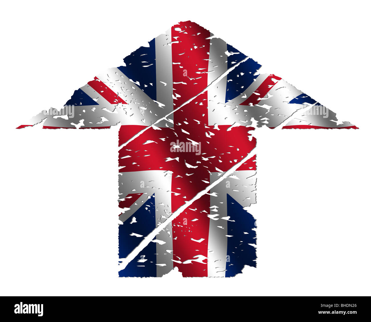 Grunge nach oben britische Flagge Pfeil auf weißem illustration Stockfoto