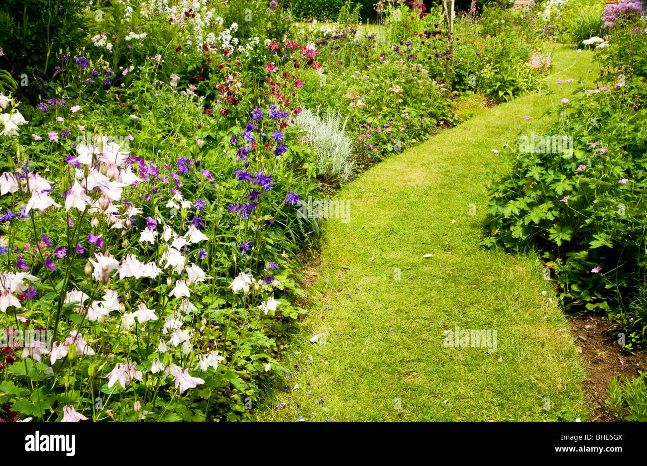 Einen grasbewachsenen Weg zwischen Sommer Blumenrabatten von Akeleien und Geranien in einem englischen Landhaus-Garten. Stockfoto