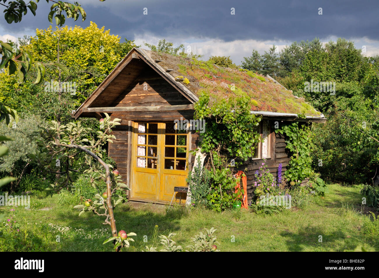 Garten Haus mit grünem Dach in einem natürlichen Garten Stockfoto