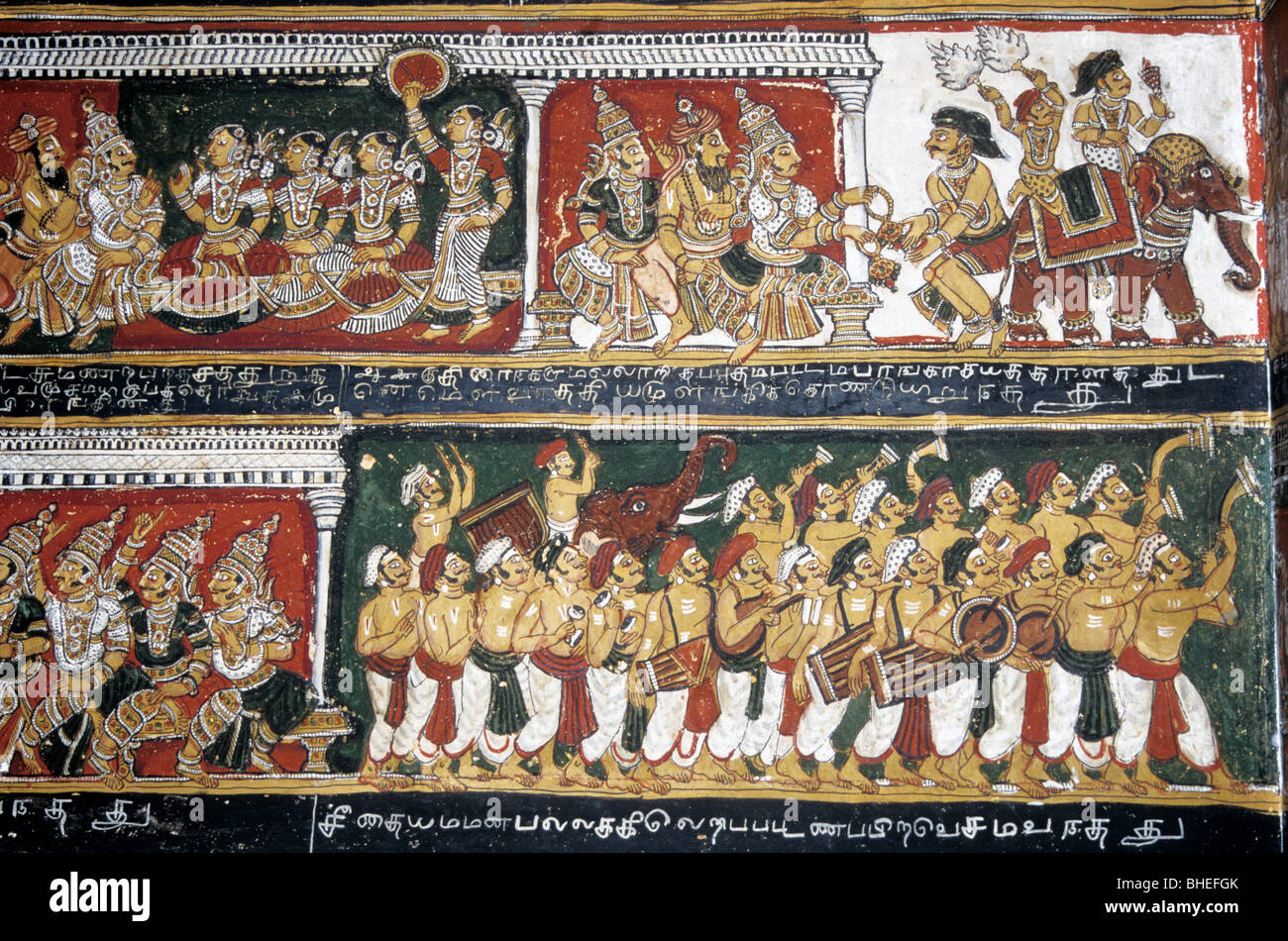 Zwei hundert Jahre das alte Ramayana Wandmalereien an den Wänden im Bodinayakanur Palast in der Nähe von Madurai, Tamil Nadu. Stockfoto