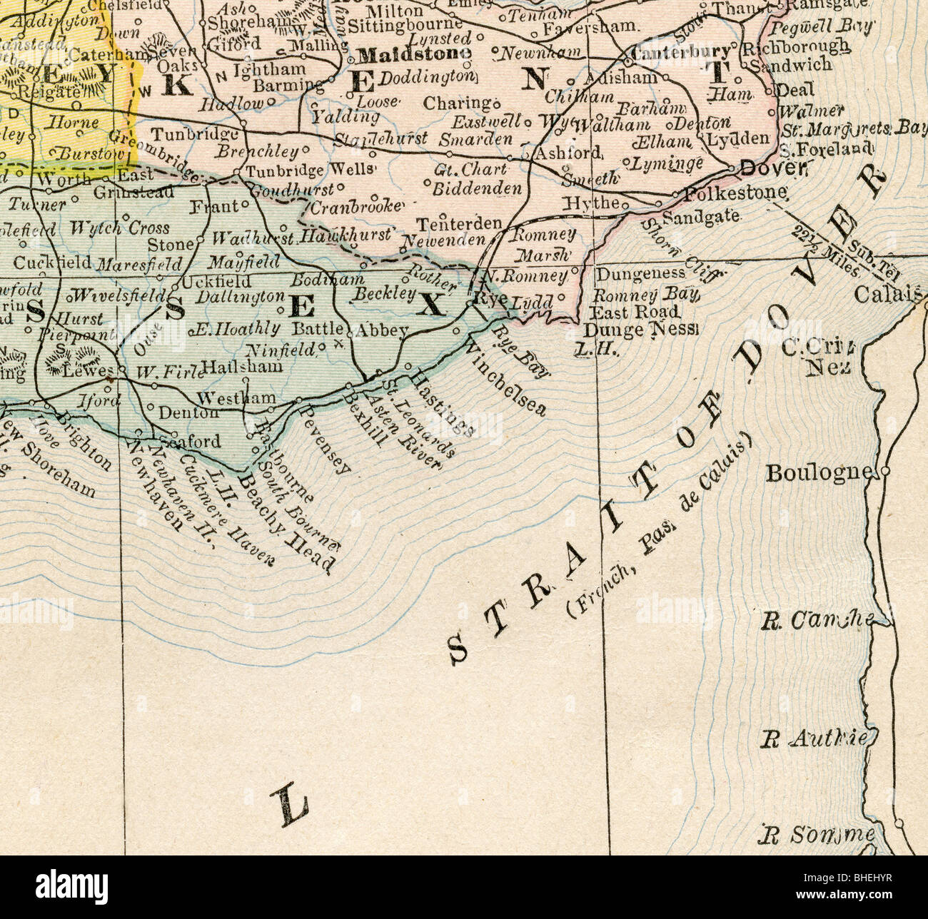 Alte Karte der Straße von Dover aus original Geographie Lehrbuch, 1884 Stockfoto