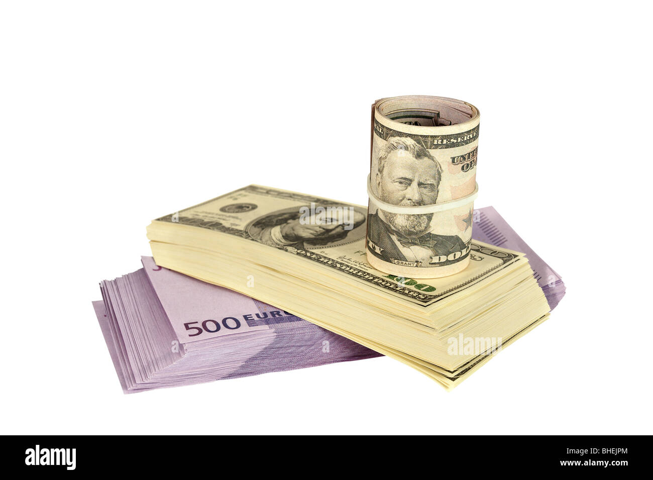 Neue Banknoten des Euro und Dollar auf einem weißen Hintergrund. Stockfoto