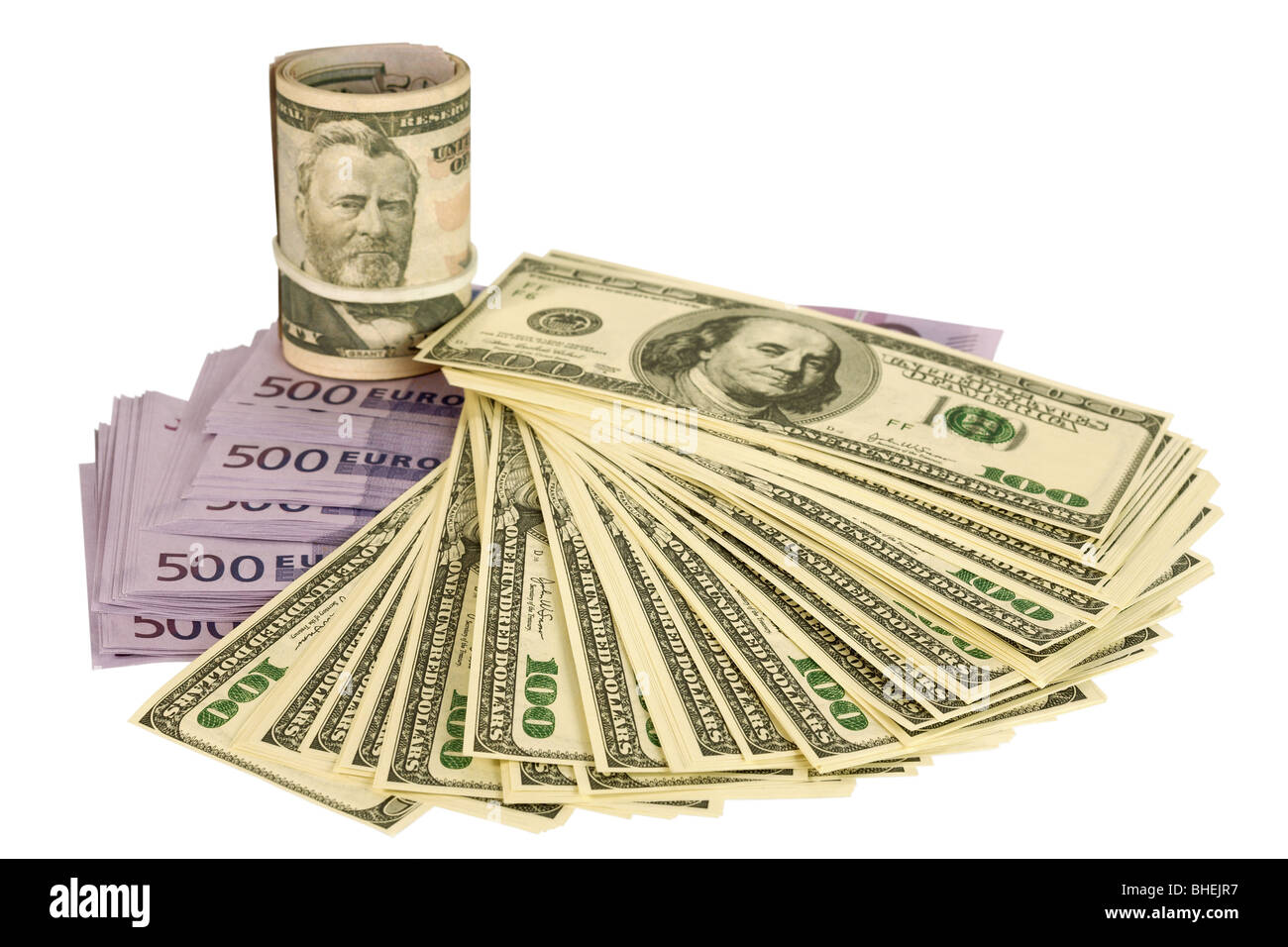 Neue Banknoten des Euro und Dollar auf einem weißen Hintergrund. Stockfoto