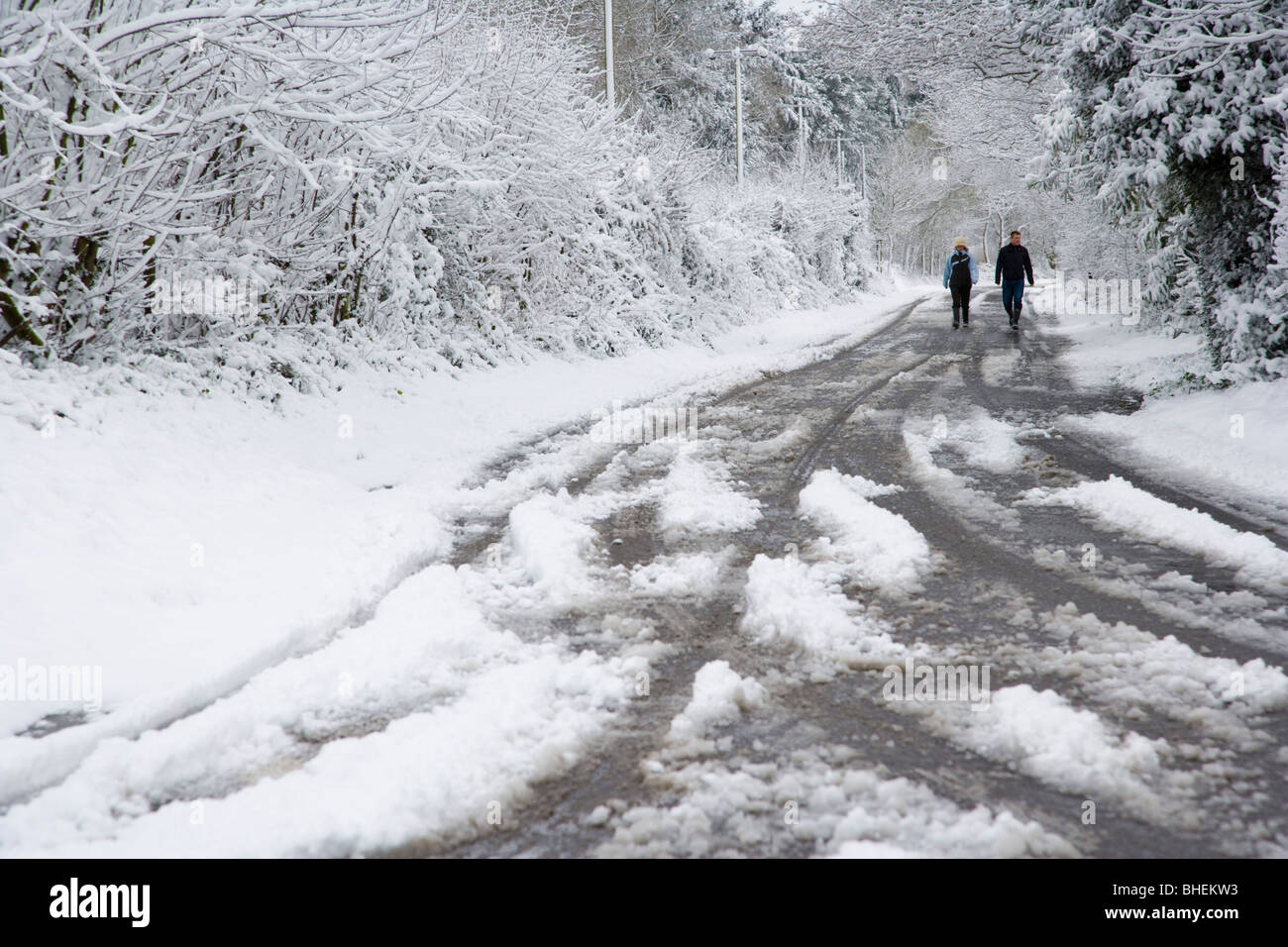 Winter Schnee im Frühling. Shortheath Lane, Sulhamstead Äbte, Reading, Berkshire, England, UK Stockfoto