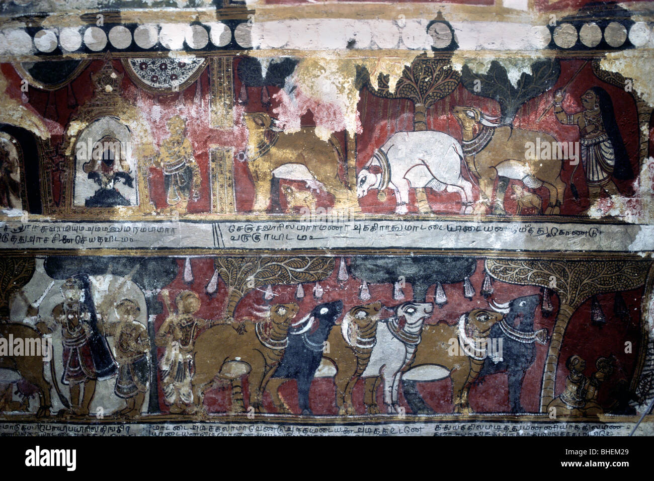 Achtzehnten Jahrhunderts Wandbild auf Athmanathaswamy Tempel in Avudaiyarkoil in der Nähe von Pudukkottai, Tamil Nadu, Indien Stockfoto
