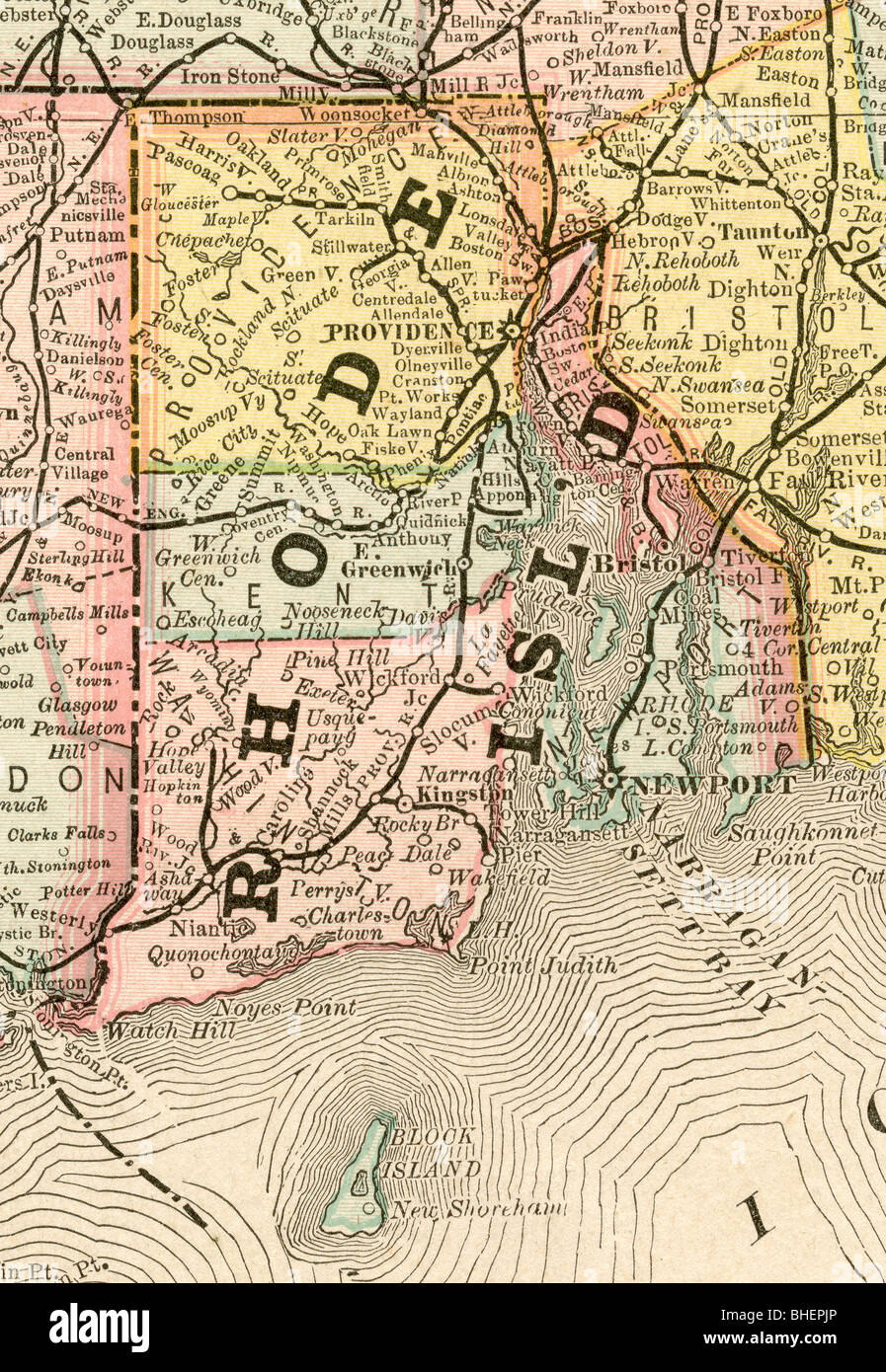 Alte Karte von Rhode Island aus original Geographie Lehrbuch, 1884 Stockfoto