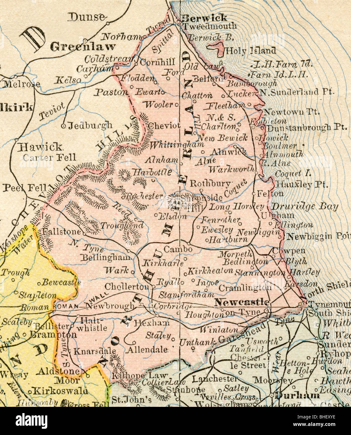 Alte Karte von Northumberland County aus original Geographie Lehrbuch, 1884 Stockfoto