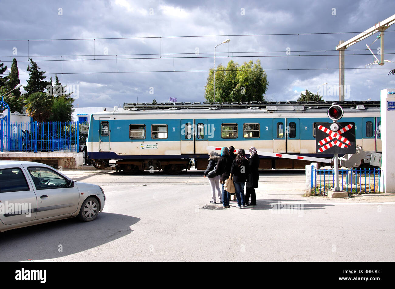 Bahnübergang, Sidi Bou Said, Gouvernement Tunis, Tunesien Stockfoto