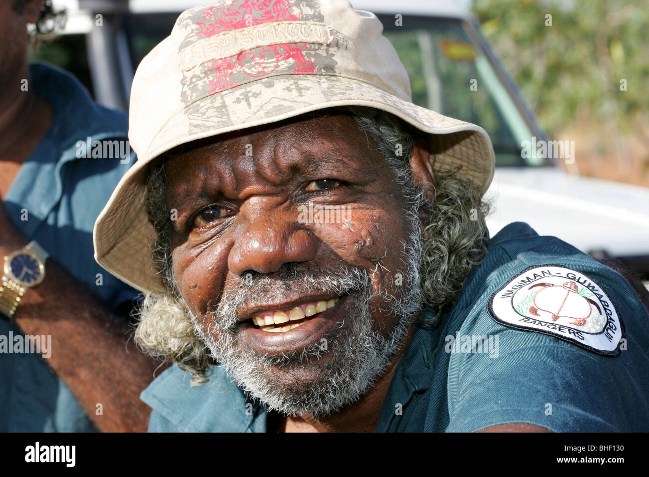 Wagiman-Guwardagun Rangers, Aboriginal Landbesitzer um Pine Creek, Nordaustralien. Jabul Huddleston chief Ranger. Stockfoto