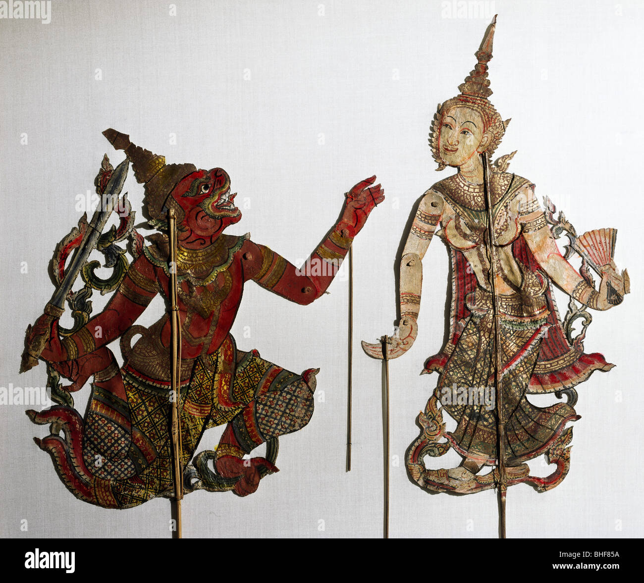 Theater, Schattenspiel, Thailand, nang-talung-Figur, Dämon und Prinzessin, Lederschnitt, 19. Jahrhundert, Münchner Stadtmuseum, Mythen, Marionetten, Marionetten, Asien, historisch, historisch, Menschen, Stockfoto