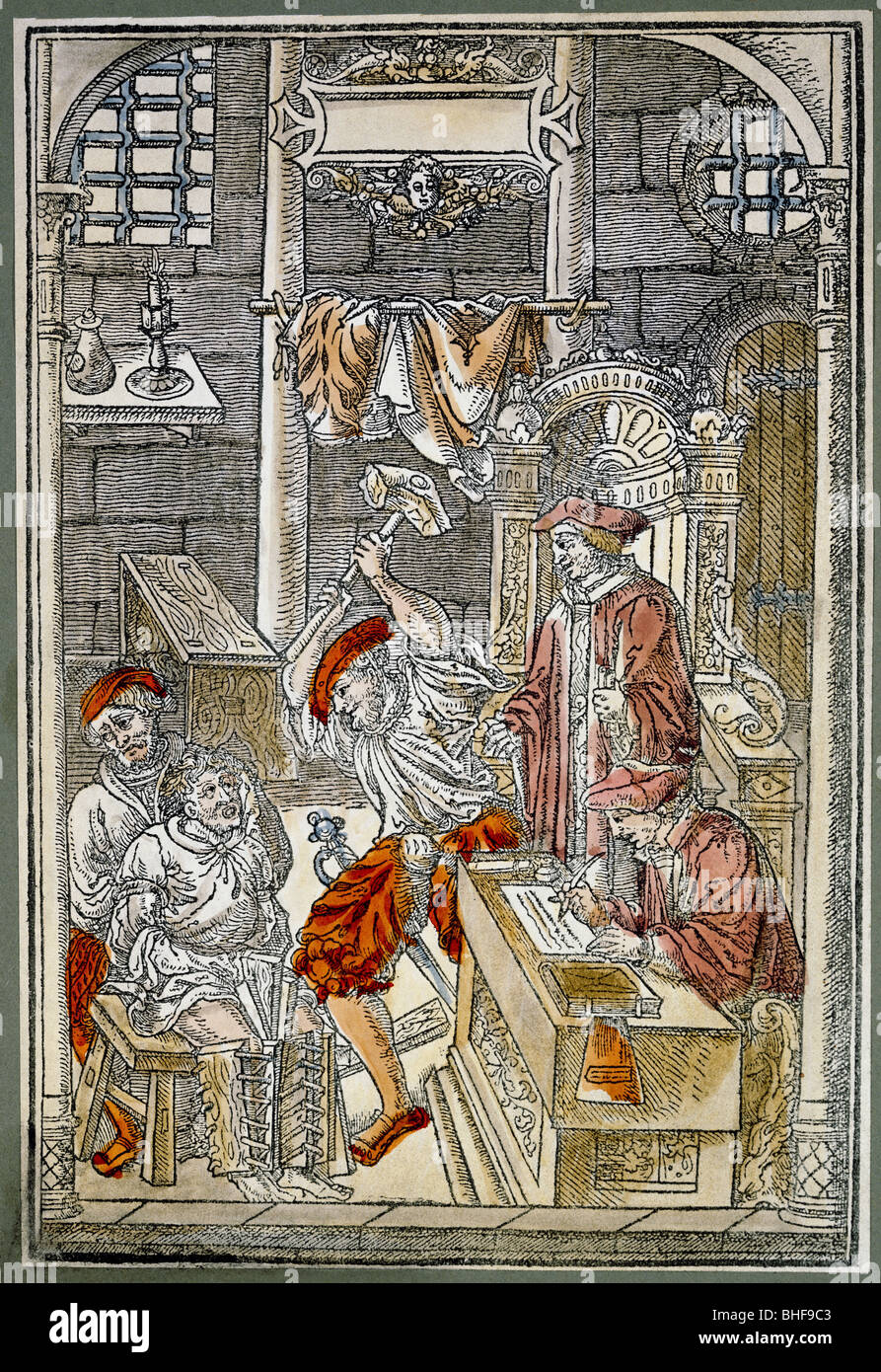 Gerechtigkeit, Folter, spanischer Stiefel, Farbholzschnitt, Johannes Millaeus 'Praxis Criminalis', gedruckt von Colinaeus, Paris, 1541, Privatsammlung, Stockfoto