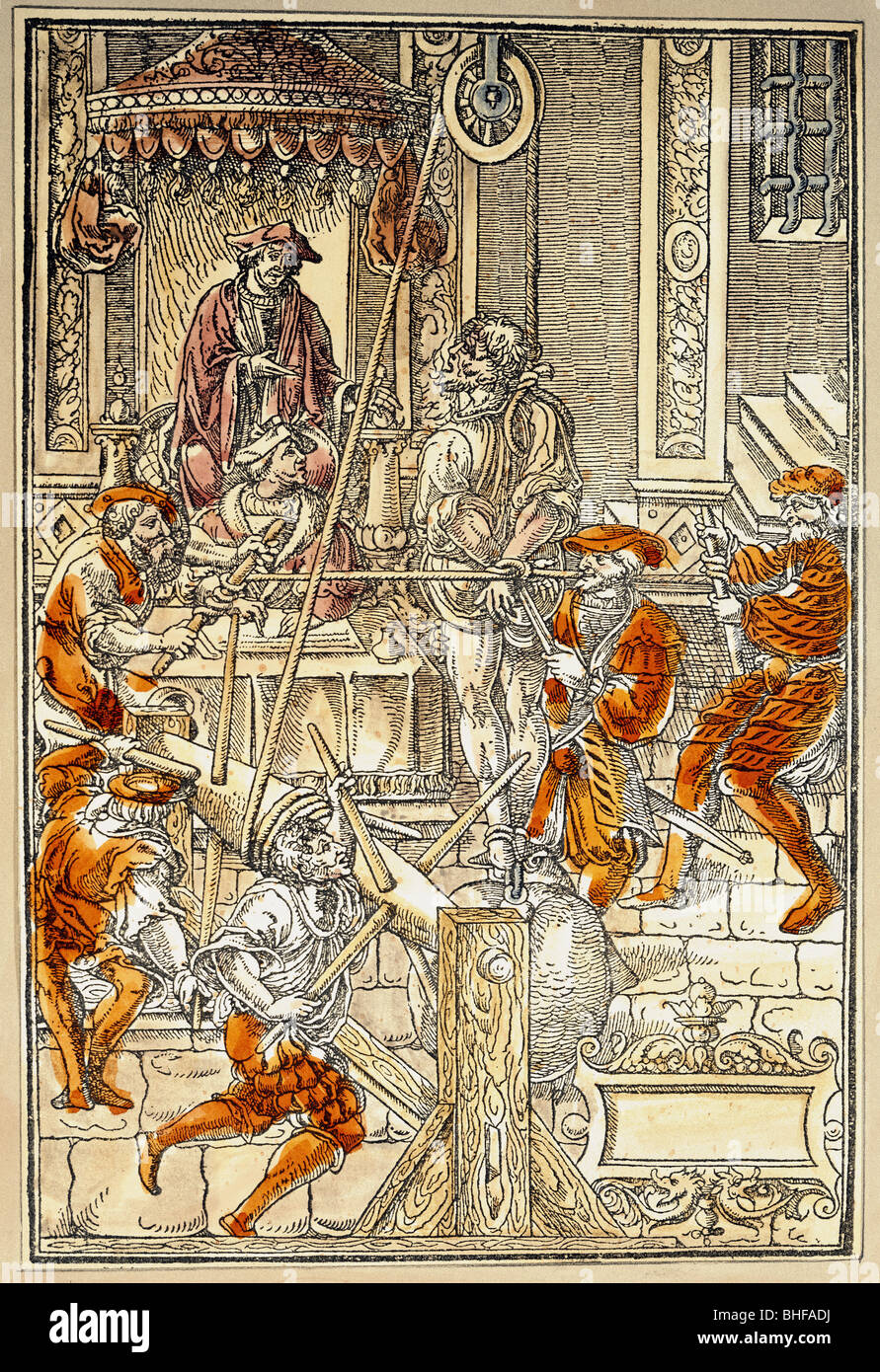 Gerechtigkeit, Folter, Stretching, Farbholzschnitt, Johannes Millaeus 'Praxis Criminalis', gedruckt von Colinaeus, Paris, 1541, Privatsammlung, Stockfoto