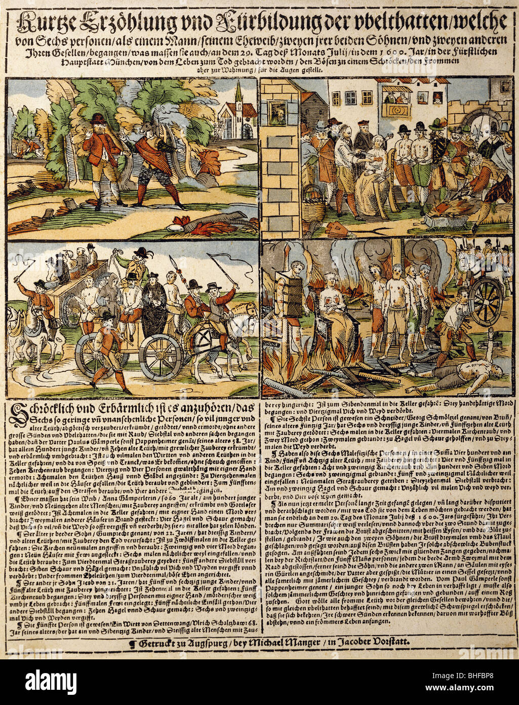 Justiz, Strafvollzug, Hinrichtung, öffentliche Folter und Verbrennung der vagabunden Familie Pappenheimer, München, 28.7.1600, Holzschnitt, Breitband von Michael Manger, Augsburg, 1600, Privatsammlung, Bestrafung, Flöaflet, Nachrichten, Zeitung, Medien, Presse, Bayern, Deutschland, 17. Jahrhundert, historisch, historisch, Menschen, Stockfoto
