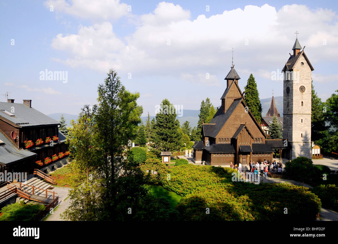 Daube Kirche Wang unter bewölktem Himmel, Karpacz, böhmischen Berge, untere-Schlesien, Polen, Europa Stockfoto