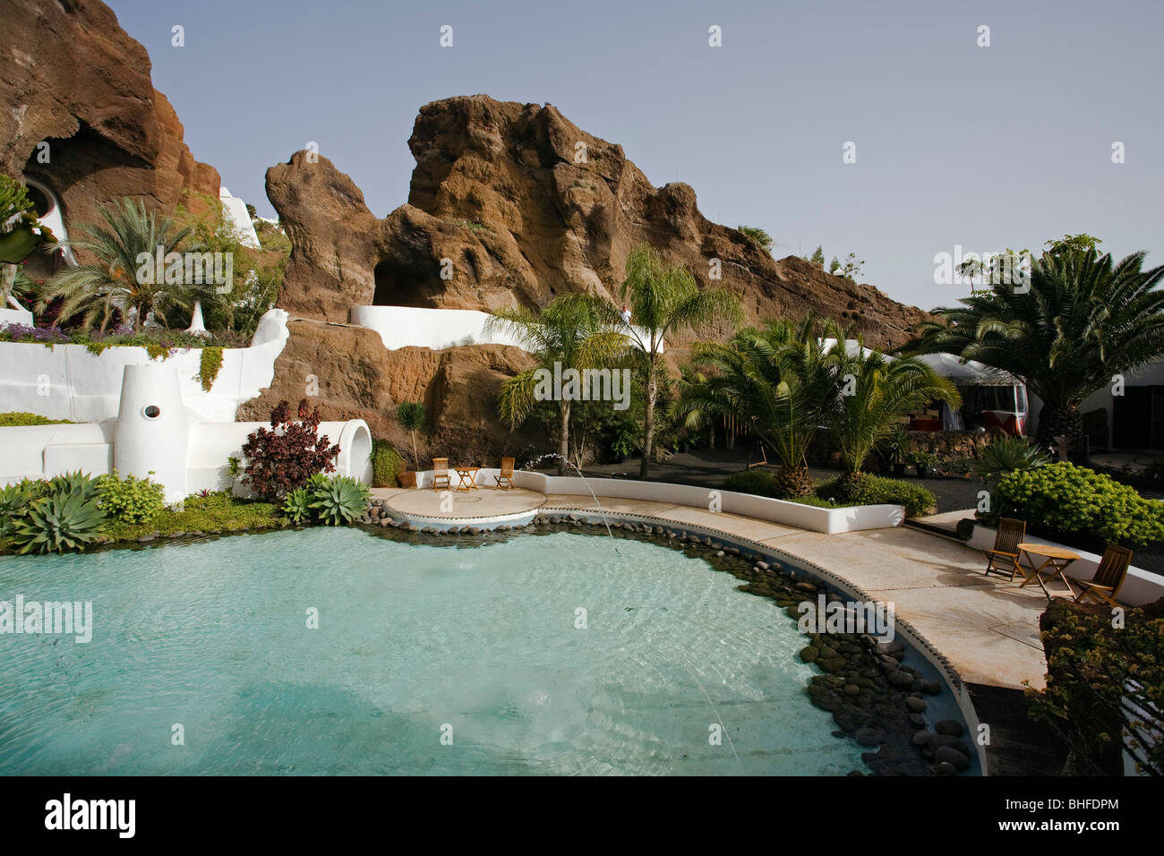 Höhlen und künstlichen See LagOmar, ehemalige Residenz von Omar Sharif, ursprünglich von Künstler und Architekt Cesar Manrique, N Stockfoto