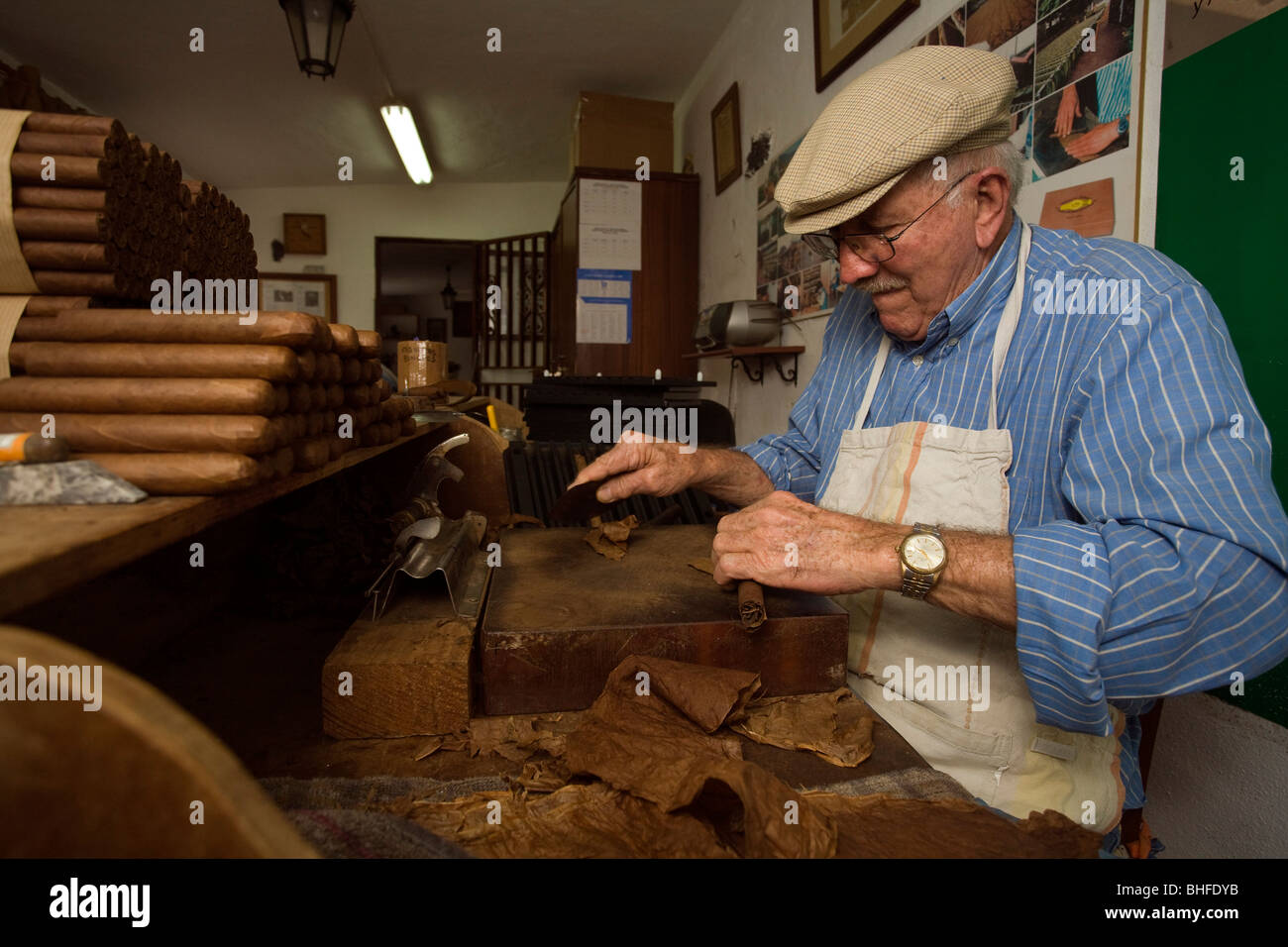 Mann, Eusebio Martin, Herstellung von Zigarren in seiner Werkstatt Cigarros Artesanos, Finca Tabaquera El Sitio S.L., Brena Alta, La Palma, Stockfoto