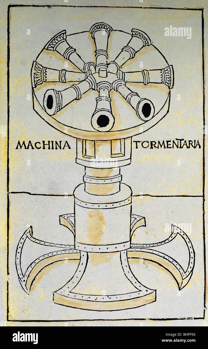 Militär, Artillerie, rotierbarer Waffengrube, 'Machina tormentaria', Farbholzschnitt, 'De re militari' von Roberto Valturio, Verona, 1483, Privatsammlung, Stockfoto