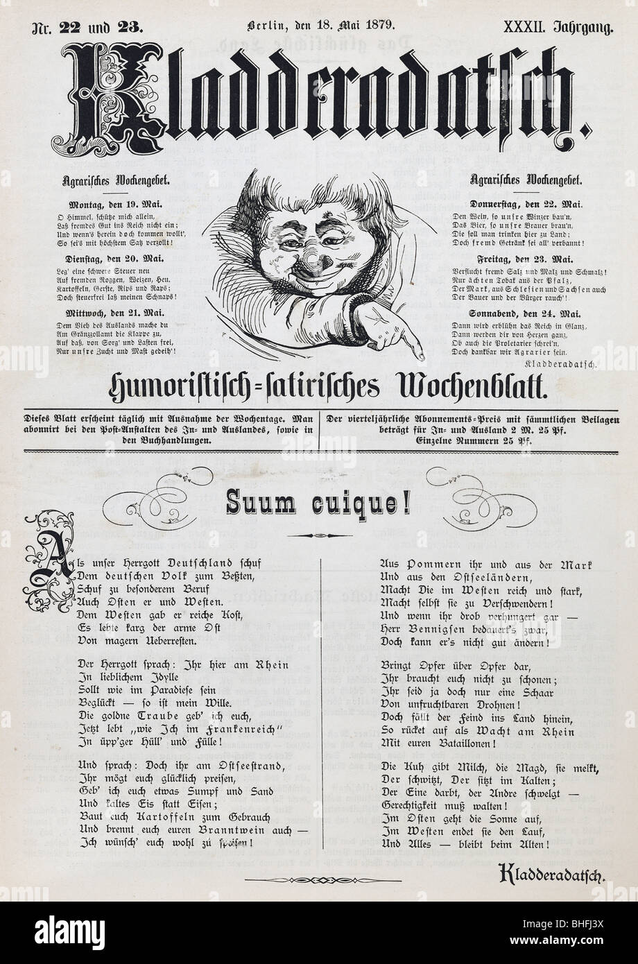 Literatur, Zeitungen und Zeitschriften, Kladderadatsch, politisch-satirisches Wochenblatt, gegründet von David Kalisch, R. Hofmann, Cover Nr. 22/23, Berlin, 18.5.1879, Stockfoto