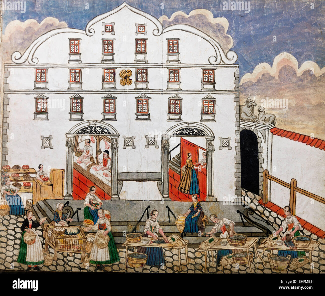Handel, Märkte, Marktszene mit Maidienern beim Einkaufen, Illustration aus Kinderbuch, Aquarell auf Papier, Süddeutschland, 1735, Stockfoto