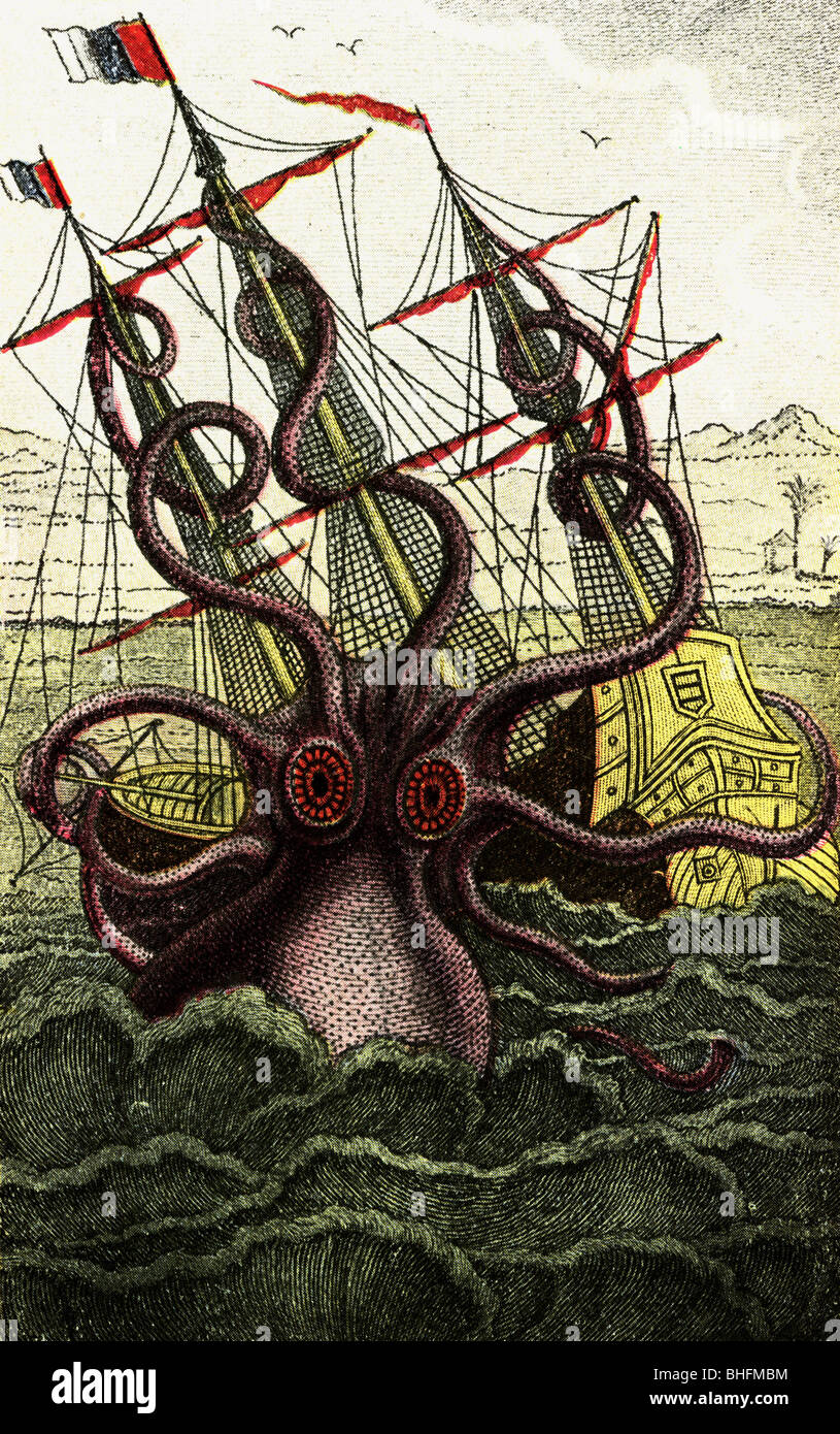 Aberglaube, eine mythologische Kreatur, Grand Squid greift Schiff an, Gravur, "Histoire naturelle, generale et particuliere des mollusques" von Pierre Denys de Montfort, Paris 1801 - 1801, Stockfoto
