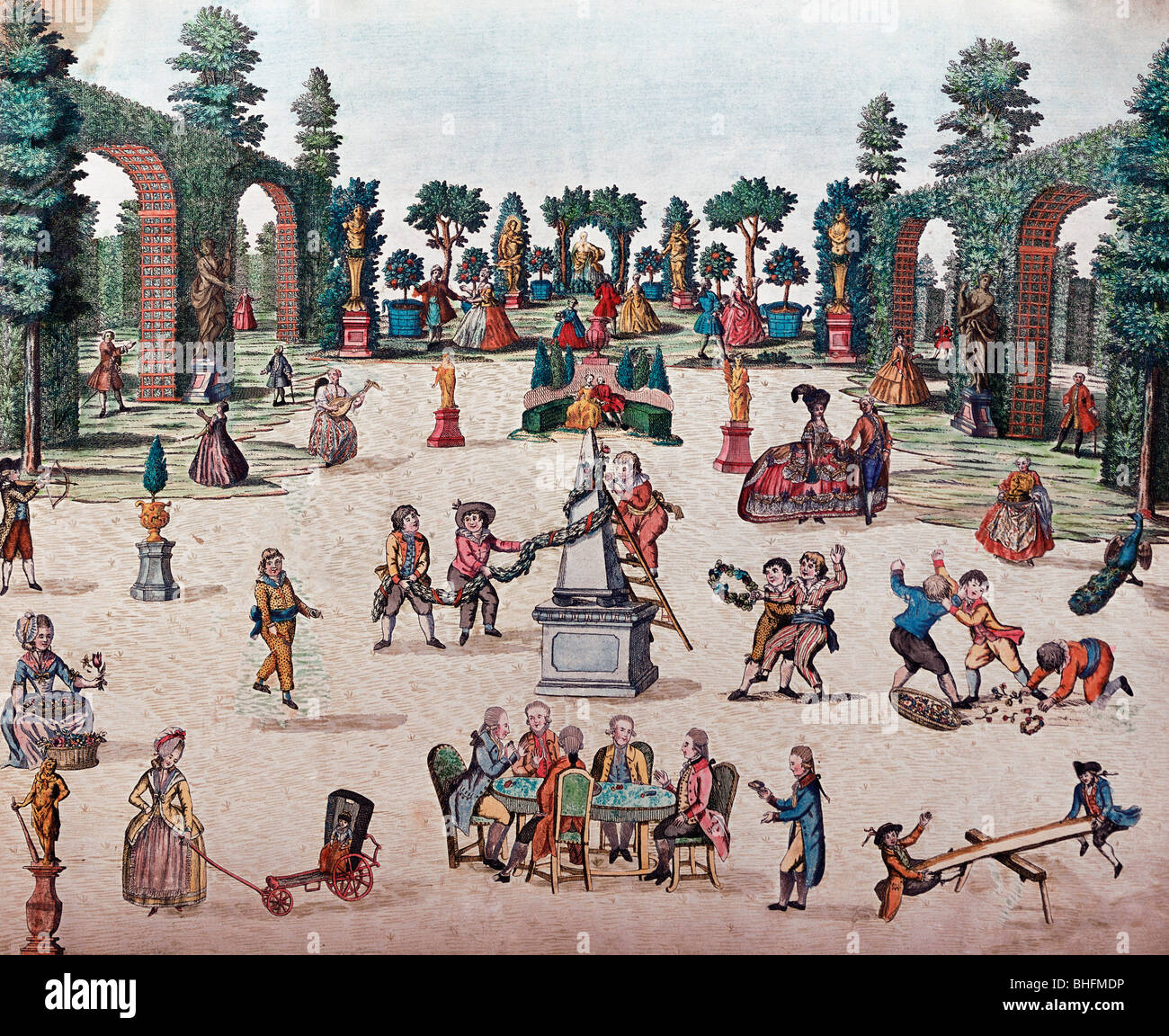 Menschen, Kinder, spielende Kinder im Park, Illustration aus Kinderbuch, Collage von farbigen Gravuren, Nürnberg, Deutschland, 18. Jahrhundert, historisch, historisch, Spielplatz, Landschaft, Stockfoto