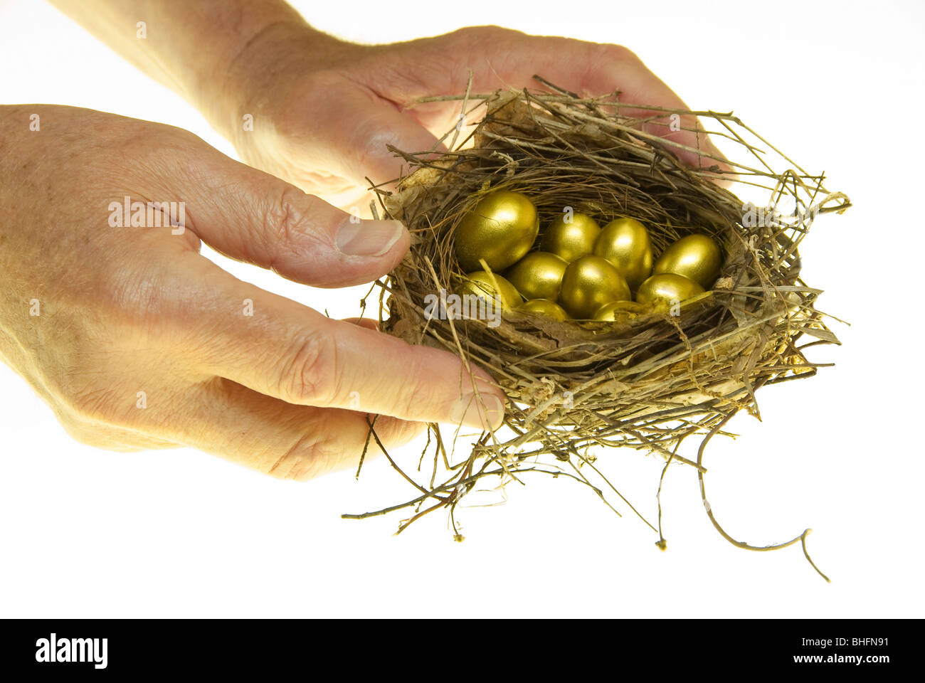 Senior woman holding Vogelnest mit kleinen goldenen Eiern, Studio gedreht Stockfoto