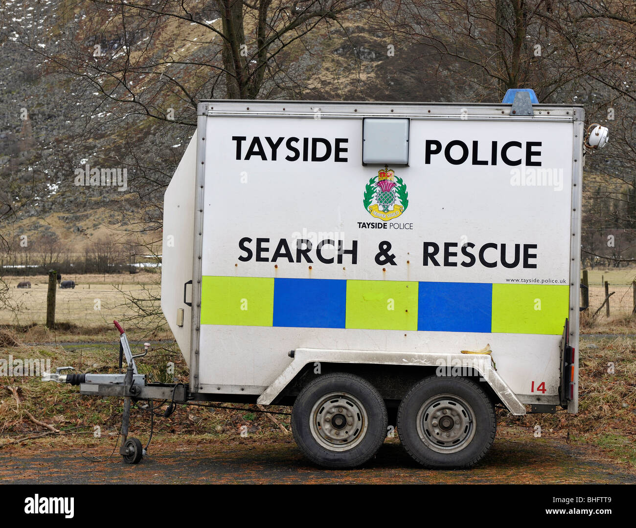 Ausrüstung Trailer der Such- und Rettungsteam, Tayside Polizei, Schottland. Stockfoto