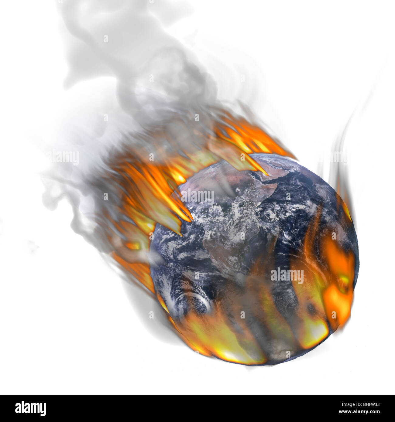 Ende der Welt - die Erde Flammen rast durch den Weltraum Stockfoto