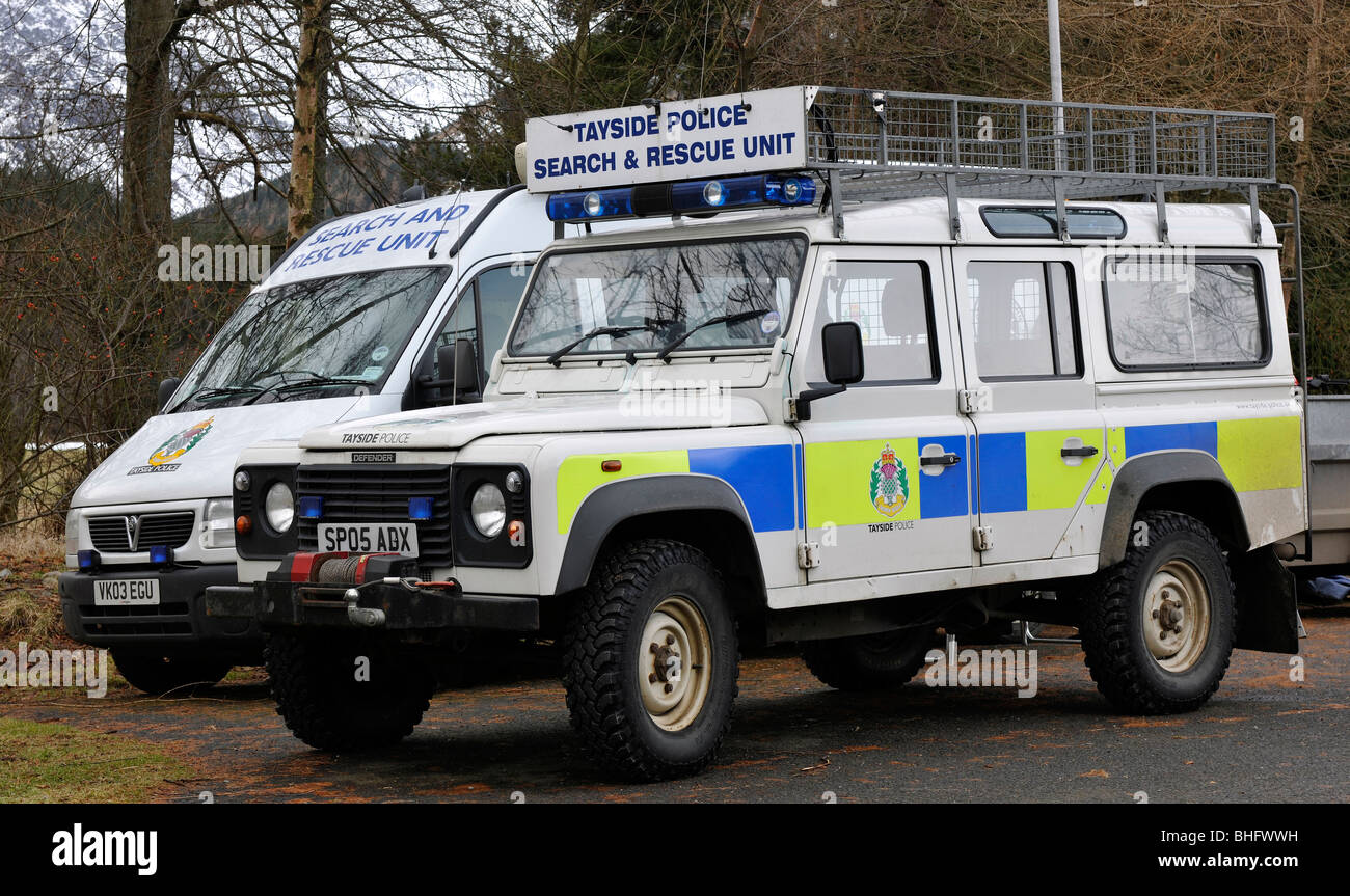 Bergwacht Fahrzeuge der Polizei von Tayside, Glen Clova, Angus, Schottland, Großbritannien Stockfoto