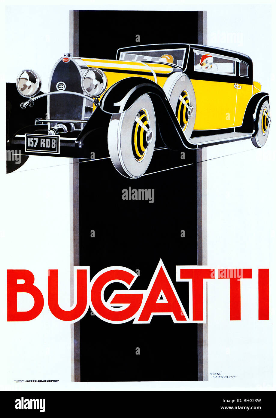 Bugatti, 1930 hervorragend Französisch Art Deco Poster von Rene Vincent für die klassische italienische Limousine Stockfoto