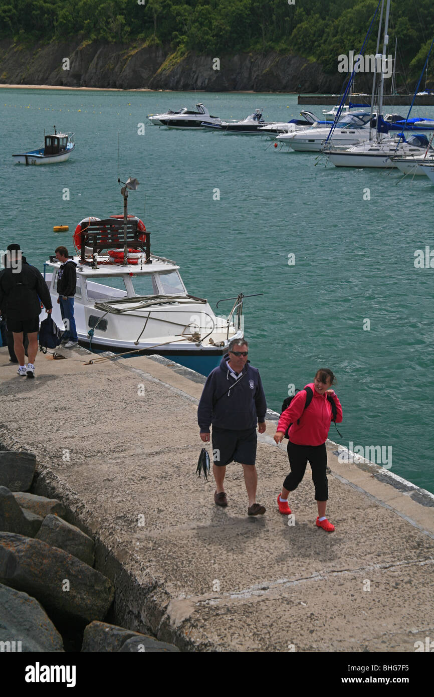 Touristenboot Ankunft im Hafen von New Quay, Ceredigion, West Wales, UK Stockfoto