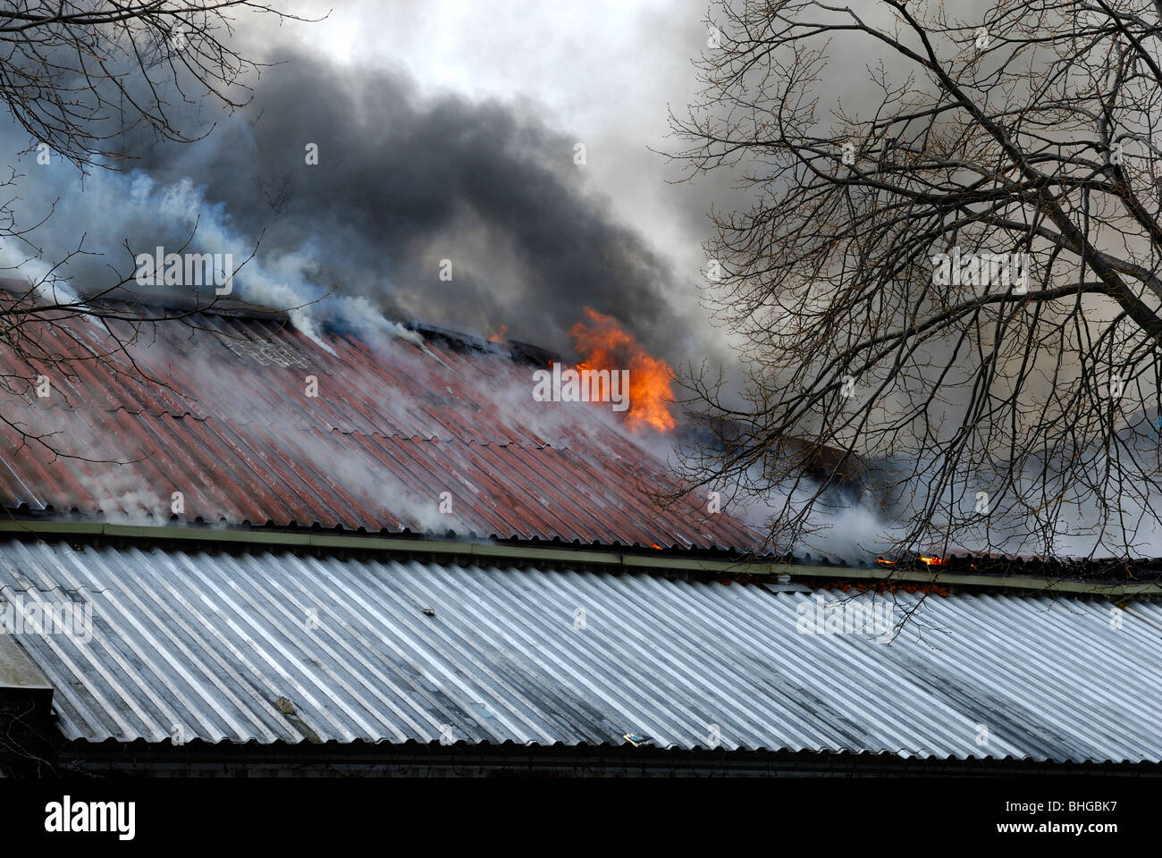 Flammen, die aus Wellblech-Dach des Gebäudes Stockfoto