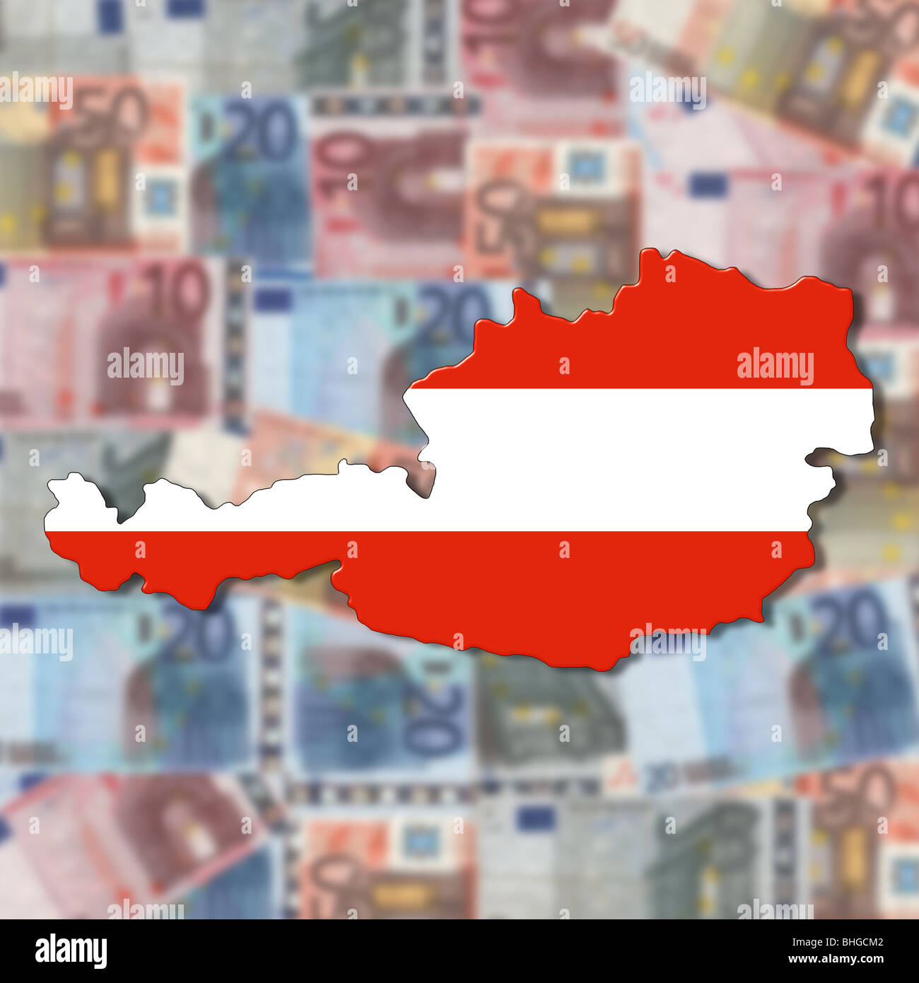 Österreich Karte Flagge auf unscharfen Abbildung der Euro-Währung Stockfoto