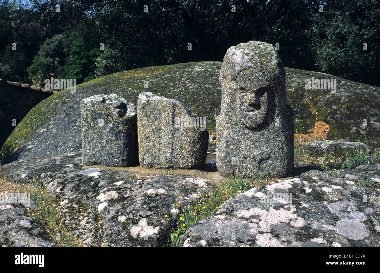 Statue Menhir mit Gesicht (Filitosa VI) Megalithische Prähistorische Stätte (c1600BC), Filitosa, Weltkulturerbe, Le Sartenais, Sartene, Korsika, Frankreich Stockfoto