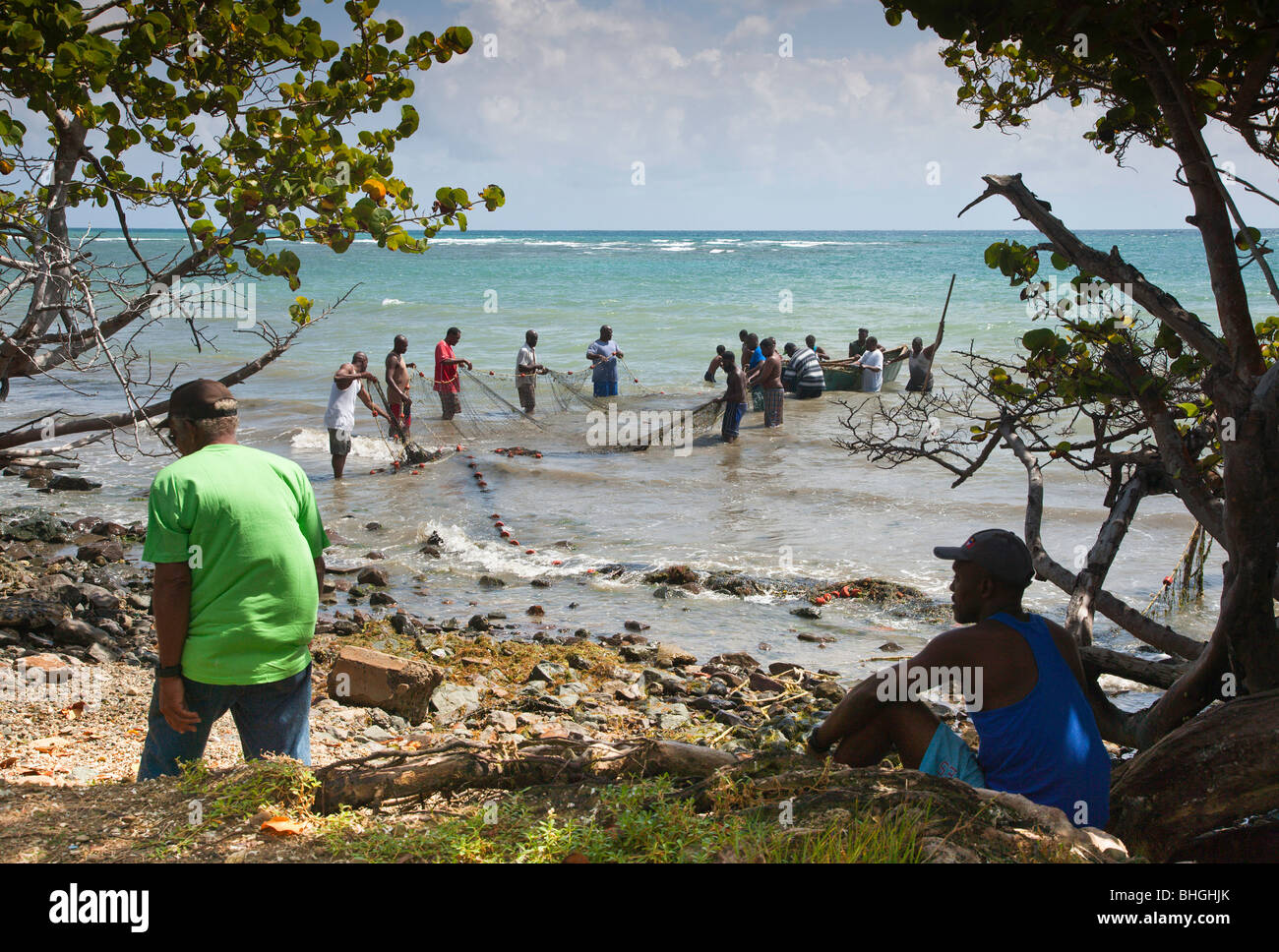 Ansicht der Küstenfischerei net Ringwadenfischerei vor der karibischen Küste. Stockfoto