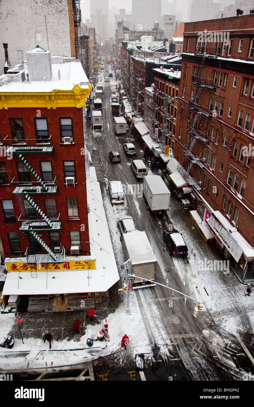 Mott Street in Chinatown während eines Schneesturms,, New York City Stockfoto