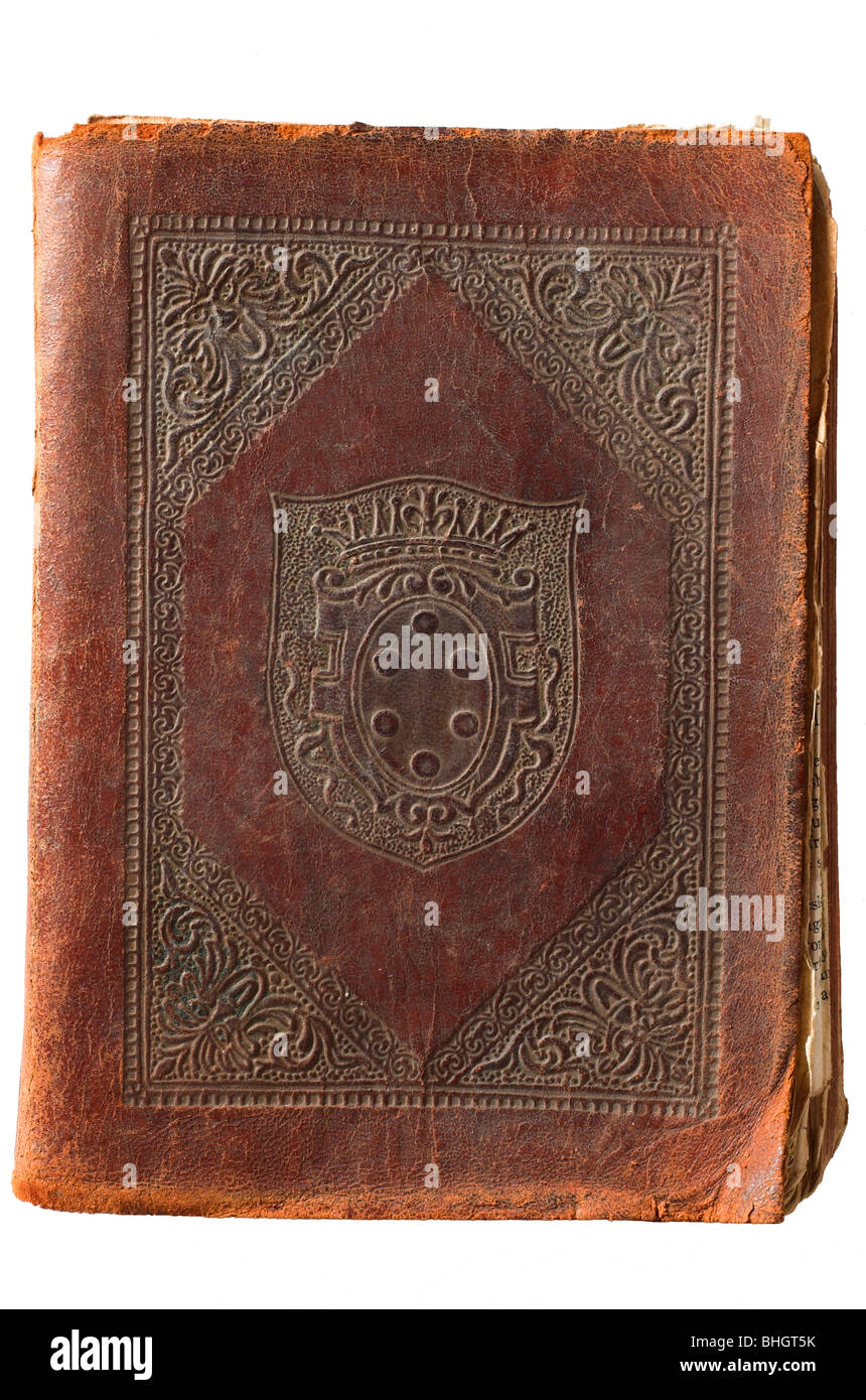 Ein sehr alt und schäbig weiches Leder gebundenes Buch - kein Buchtitel Stockfoto