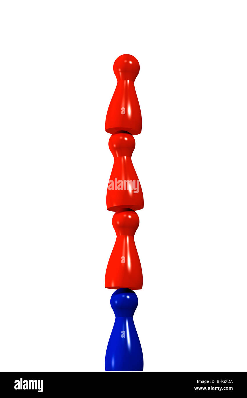Drei rote Spielsteine Stand am Anfang von blau. Stockfoto
