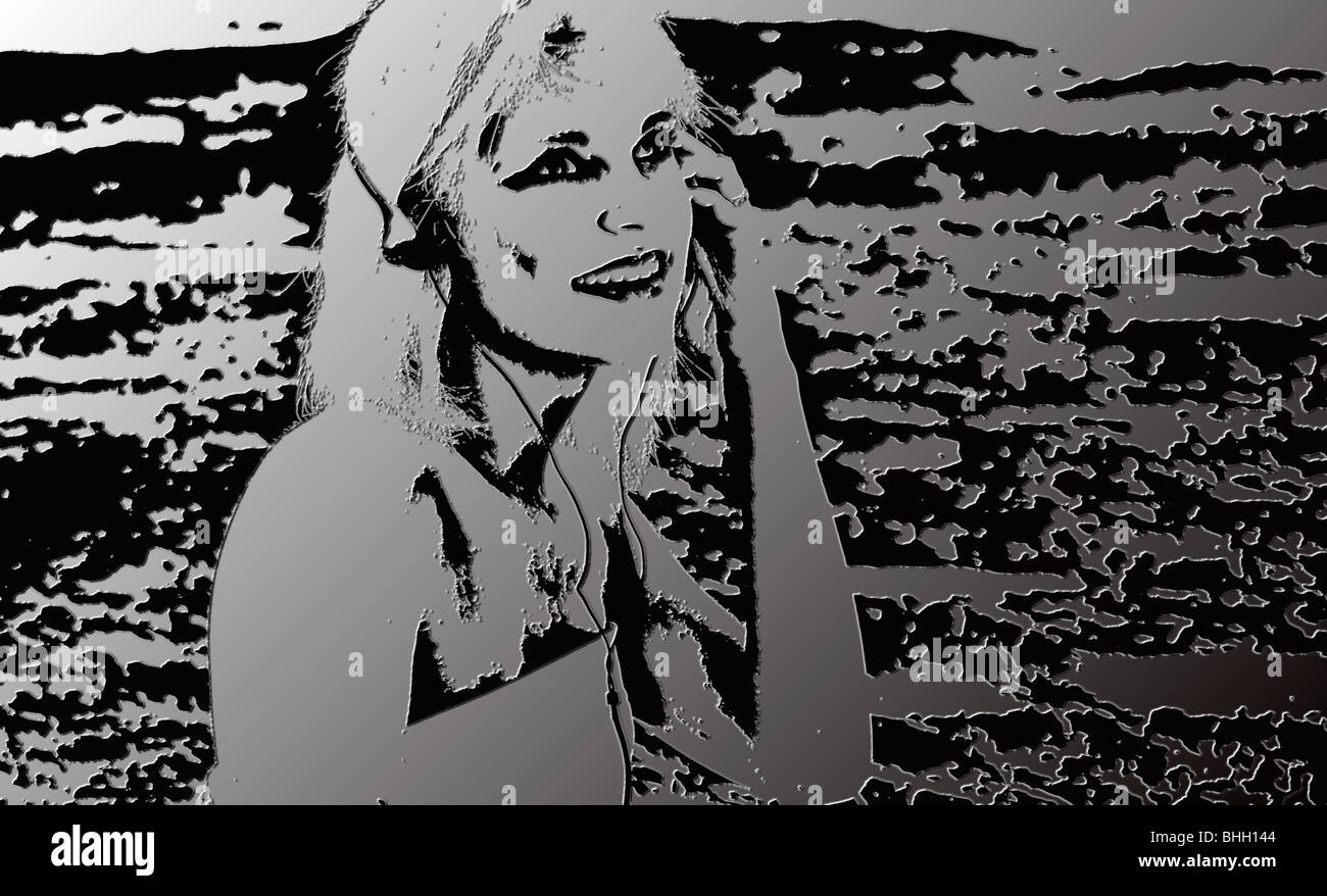 Blonde Frau mit dem audio Player im Freien im Park. Stockfoto